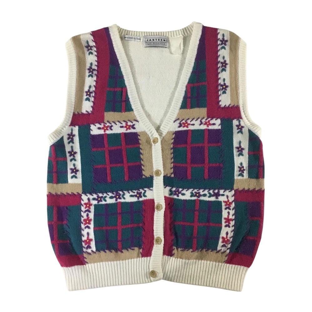 Vintage 80’s Jantzen Patchwork Style Cardigan Sweater Vest